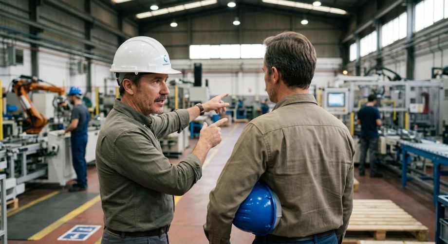 Dos personas hablando en el pasillo de una nave de producción