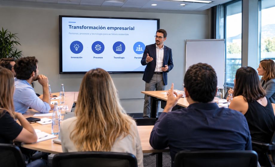 Sesión de formación con un grupo en una sala de reuniones