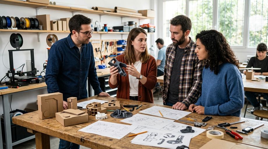 Equipo revisando maquetas de cartón y piezas impresas en 3D sobre una mesa de taller