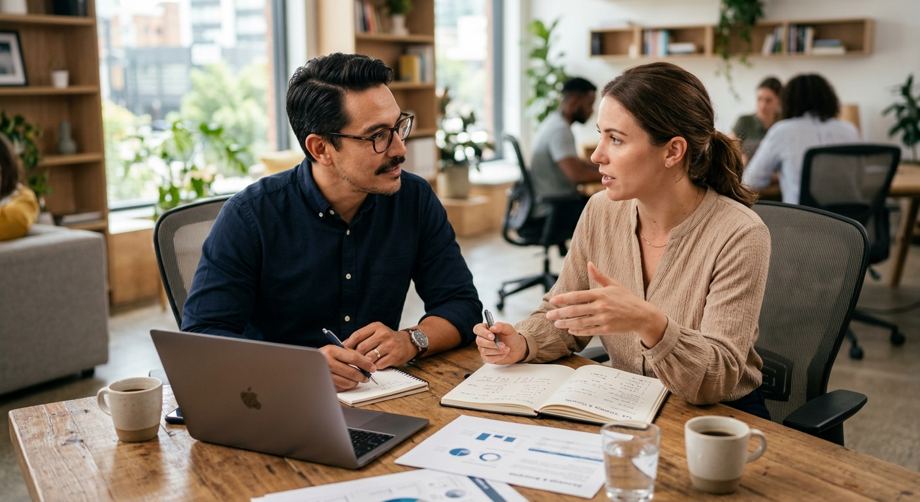 Dos personas conversando frente a frente en una mesa de trabajo